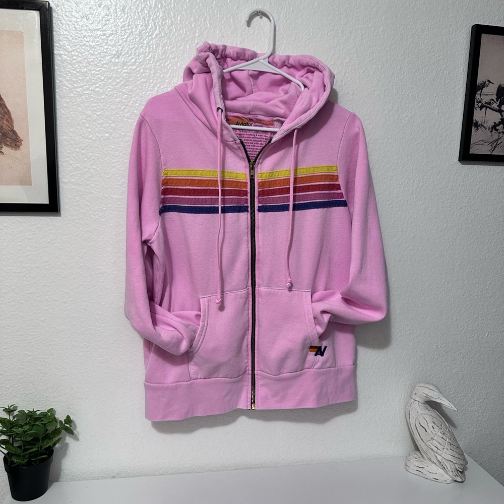 Aviator Nation Rainbow Stripe Zip Hoodie • Pink • Made in USA • Like New